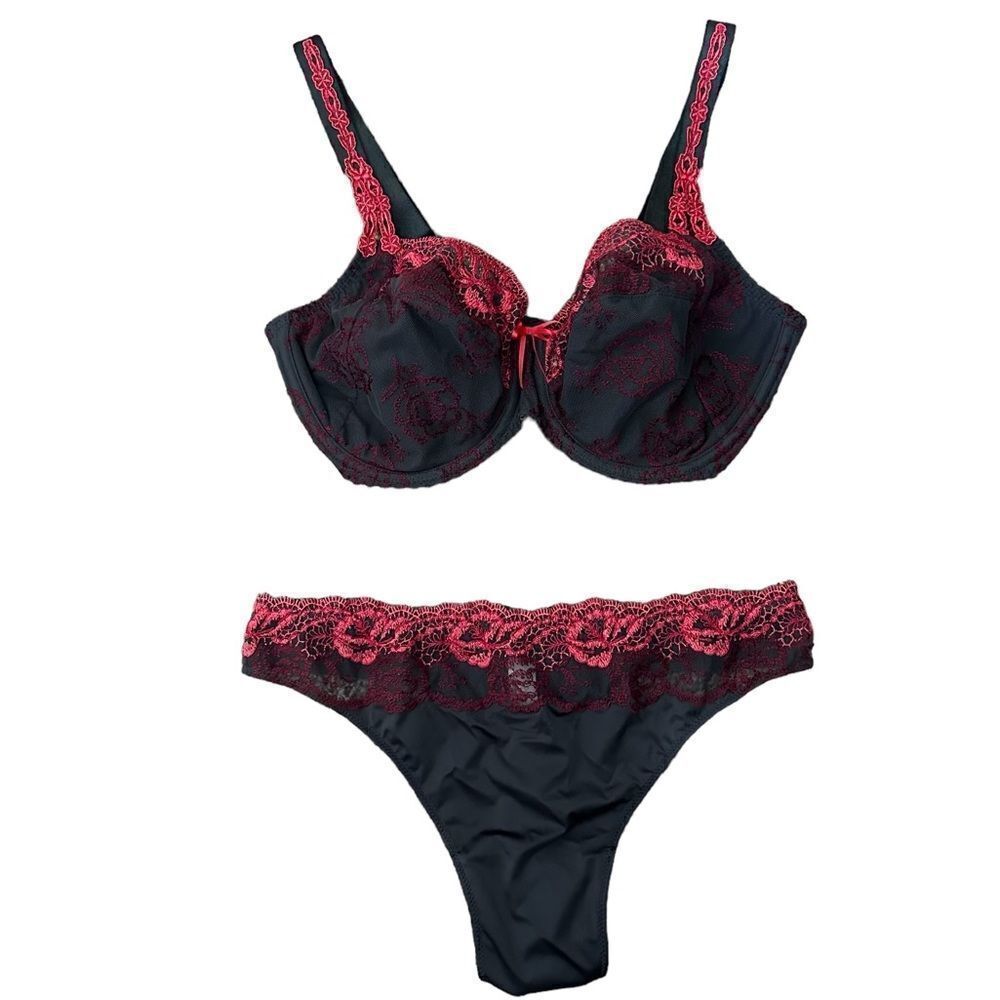 Prima Donna Grayish Black Floral Pink Lace Sexy Sheer Lingerie Thong Bra Set
